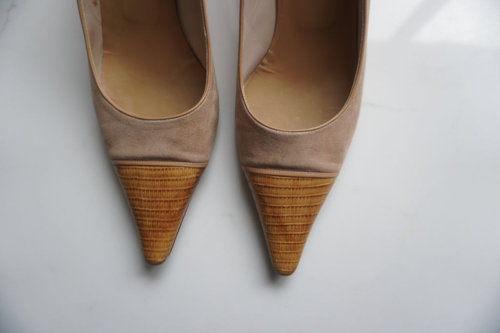 Chanel Suede & Lizard-Embossed Toe-Cap Pumps
