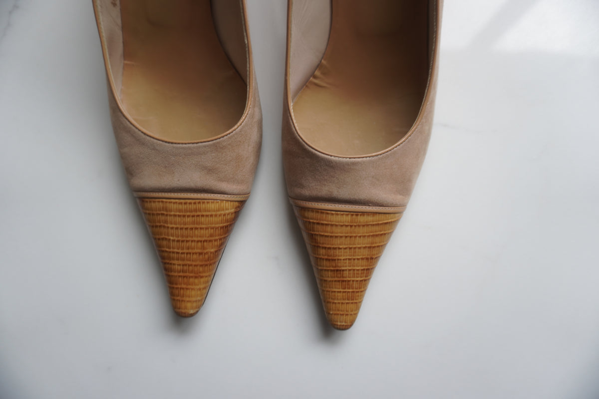 Chanel Suede & Lizard-Embossed Toe-Cap Pumps