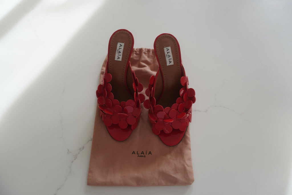 Alaïa Red Patent Leather Floral-Appliqué Heels