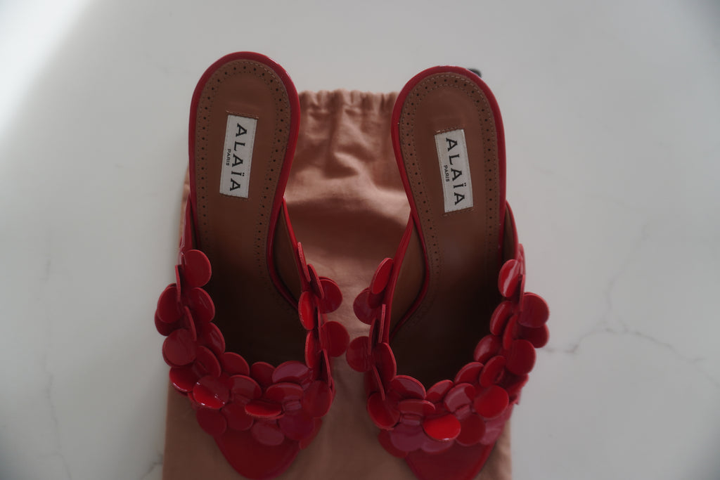Alaïa Red Patent Leather Floral-Appliqué Heels