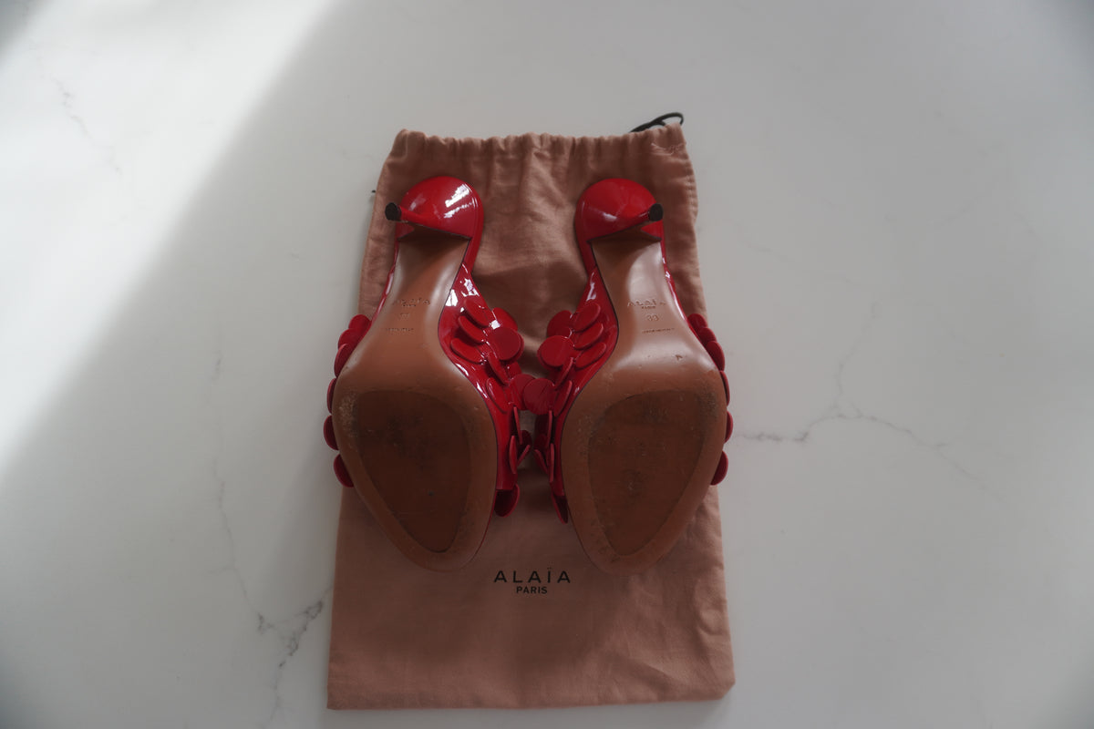 Alaïa Red Patent Leather Floral-Appliqué Heels