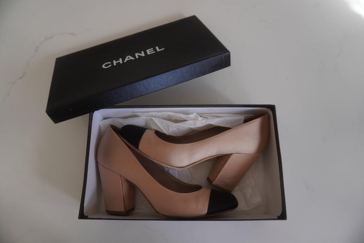 Chanel Two-Tone Satin Cap-Toe Block-Heel Pumps