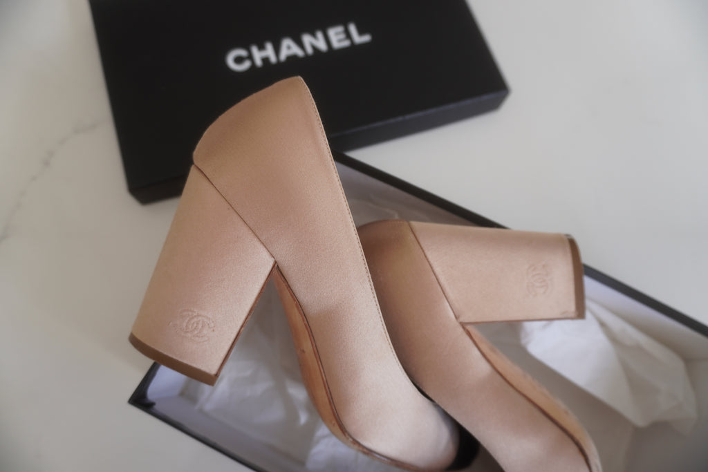 Chanel Two-Tone Satin Cap-Toe Block-Heel Pumps