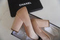Chanel Two-Tone Satin Cap-Toe Block-Heel Pumps