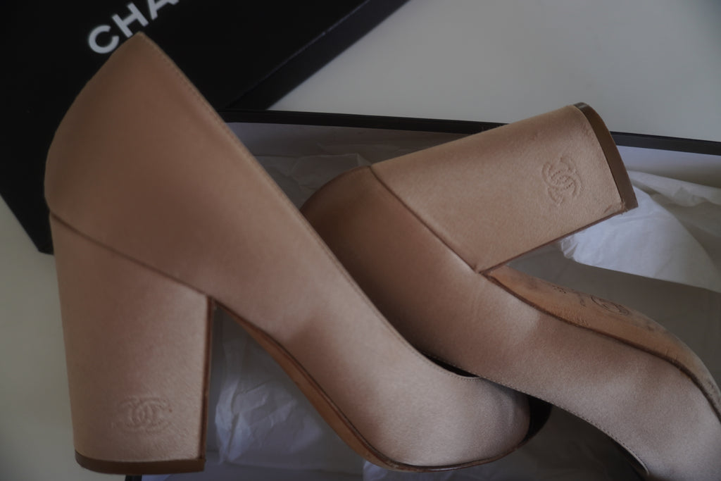 Chanel Two-Tone Satin Cap-Toe Block-Heel Pumps