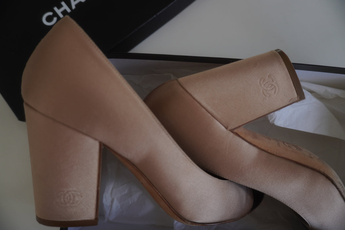 Chanel Two-Tone Satin Cap-Toe Block-Heel Pumps