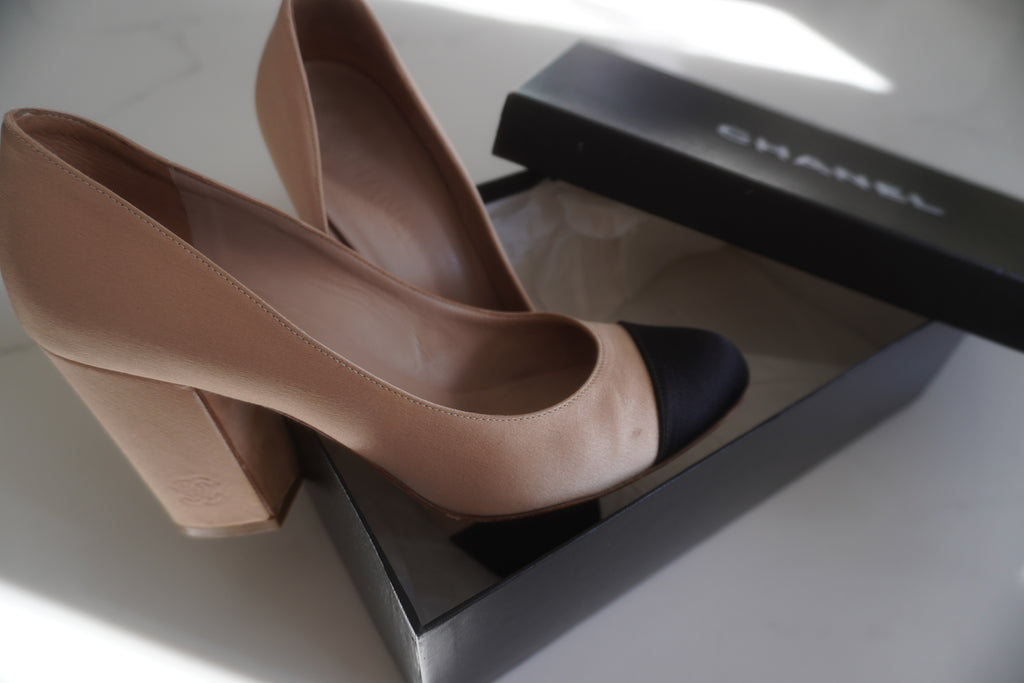 Chanel Two-Tone Satin Cap-Toe Block-Heel Pumps
