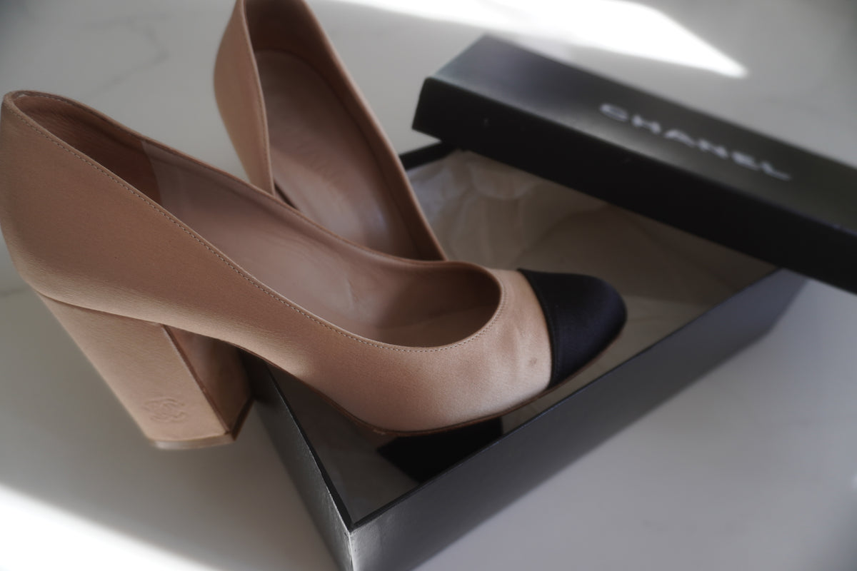 Chanel Two-Tone Satin Cap-Toe Block-Heel Pumps
