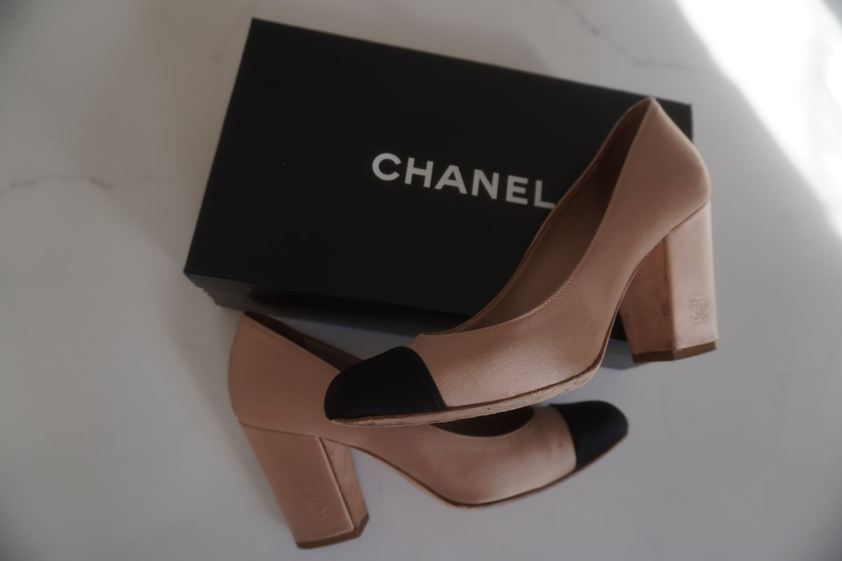 Chanel Two-Tone Satin Cap-Toe Block-Heel Pumps