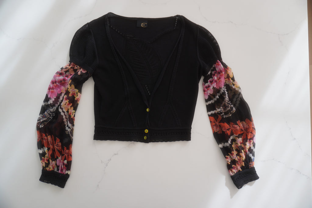 Just Cavalli Floral-Print Chiffon Sleeve Cropped Knit Cardigan