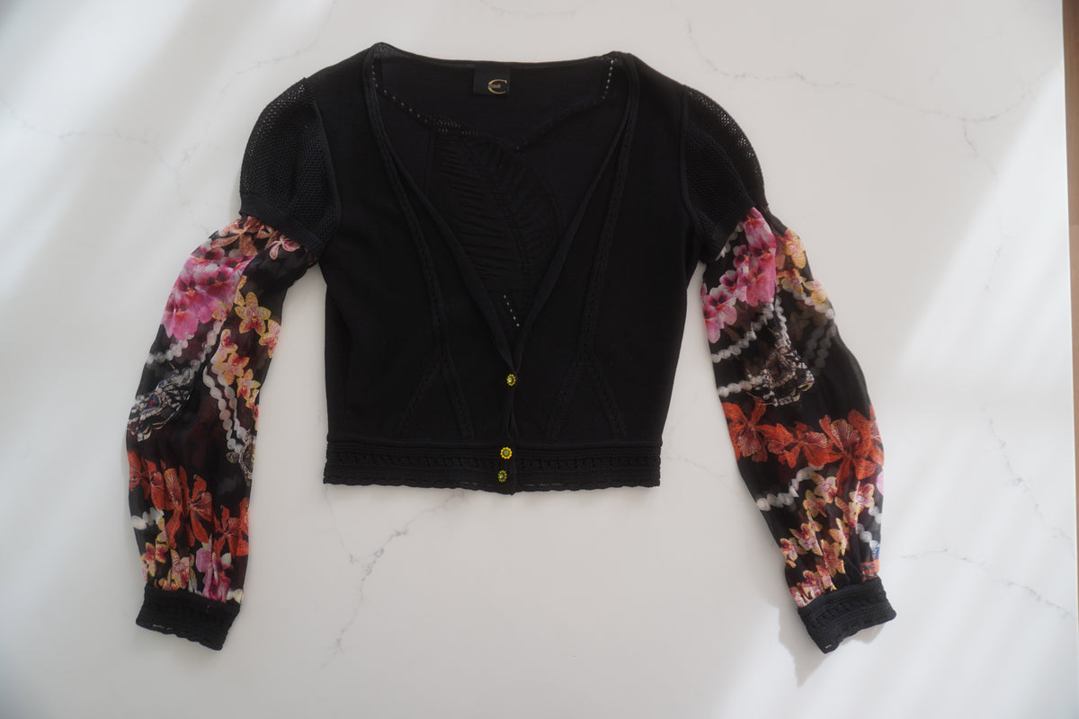 Just Cavalli Floral-Print Chiffon Sleeve Cropped Knit Cardigan