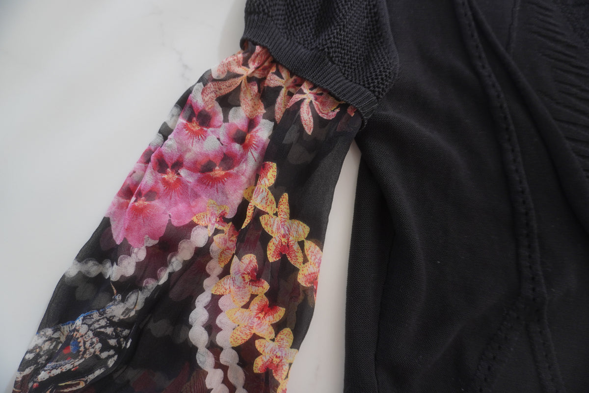 Just Cavalli Floral-Print Chiffon Sleeve Cropped Knit Cardigan