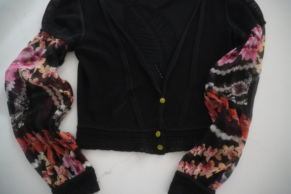 Just Cavalli Floral-Print Chiffon Sleeve Cropped Knit Cardigan