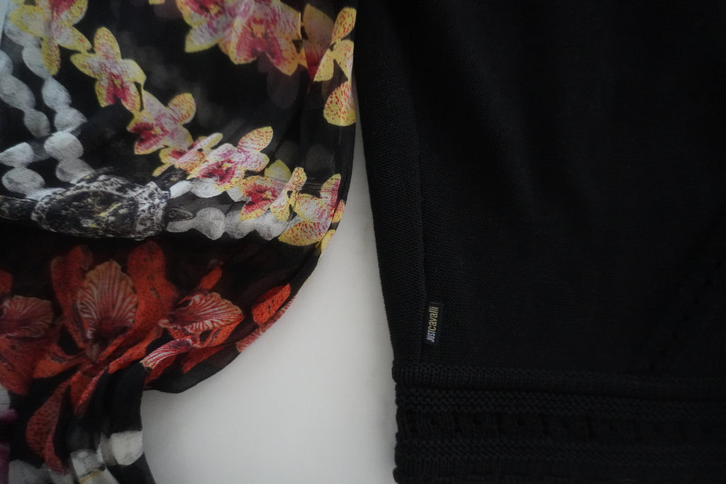 Just Cavalli Floral-Print Chiffon Sleeve Cropped Knit Cardigan