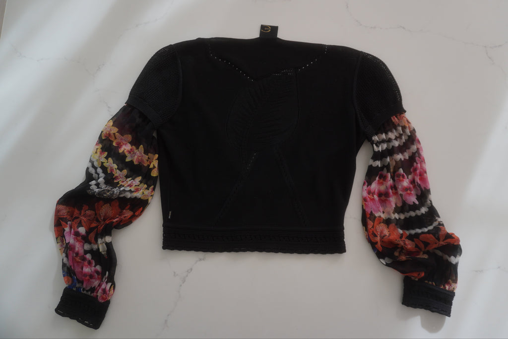 Just Cavalli Floral-Print Chiffon Sleeve Cropped Knit Cardigan
