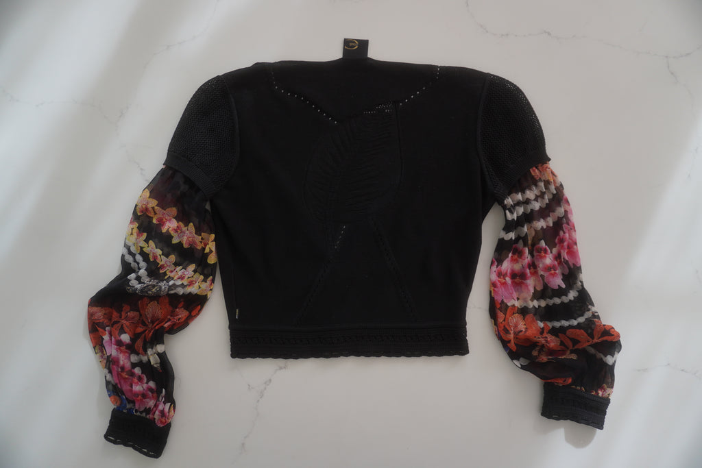 Just Cavalli Floral-Print Chiffon Sleeve Cropped Knit Cardigan